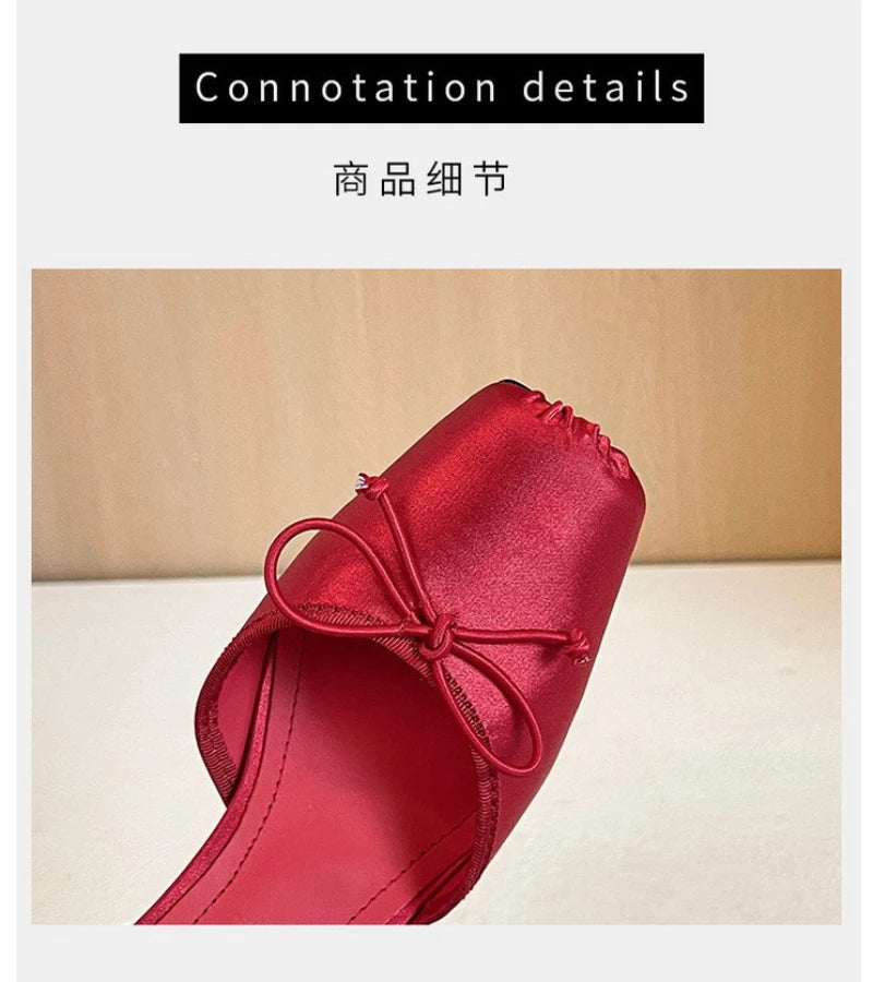 French Ballet Style Satin Closed Toe Mary Jane Pumps Lace Upper Multi-Layer Bow Cross Ankle Strap Thin Stiletto Elegant Wedding