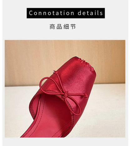 French Ballet Style Satin Closed Toe Mary Jane Pumps Lace Upper Multi-Layer Bow Cross Ankle Strap Thin Stiletto Elegant Wedding