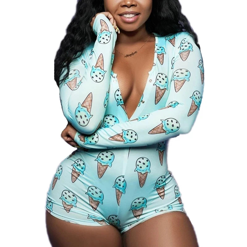 OMSJ 2024 Rompers Women Sleepwear Sky Blue Leopard Print Long Sleeve Short Jumpsuit Sexy Onesie For Adult Female Nightwear S-3XL