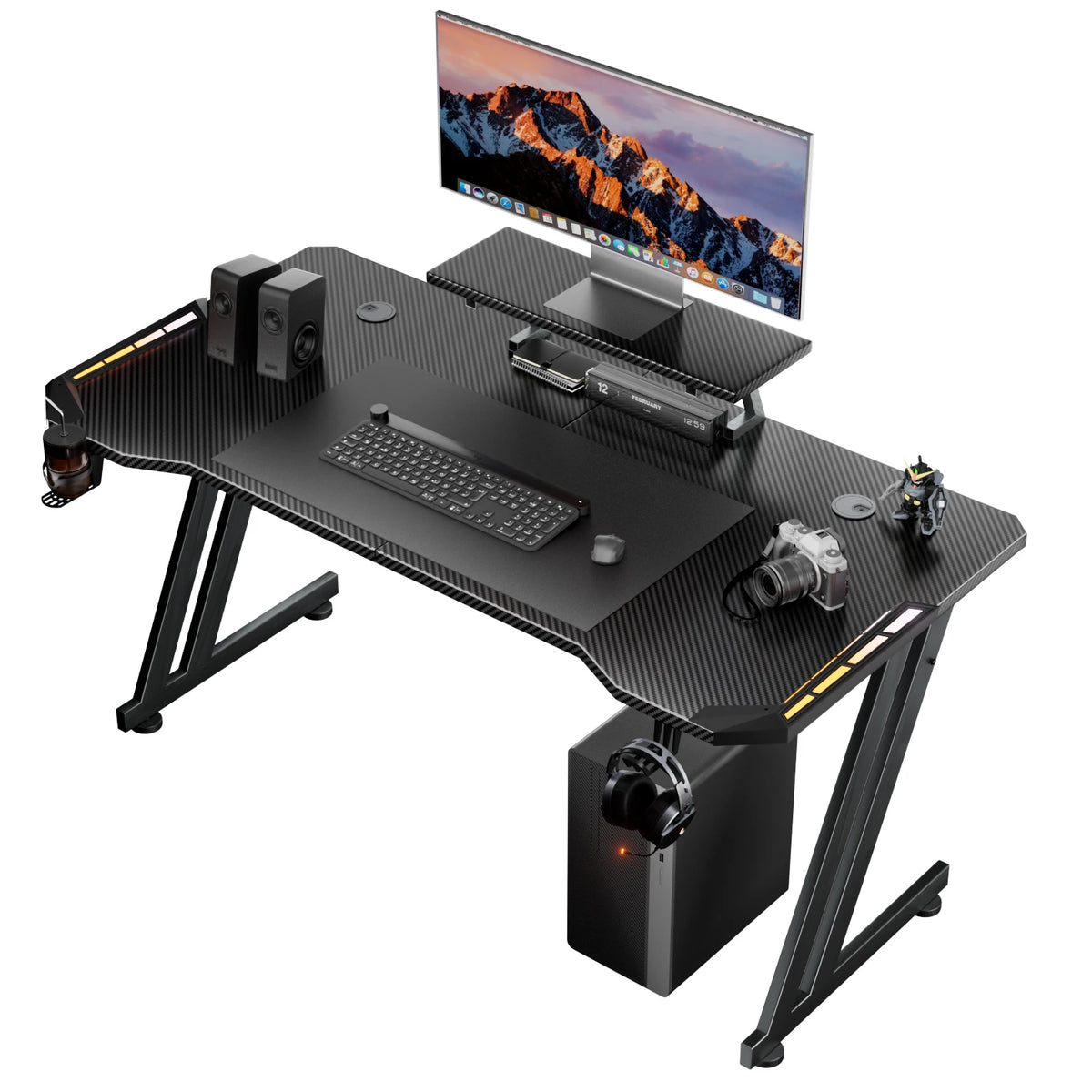 FRODROVIA Gaming Desk with APP RGB LED Lights, Carbon Fiber Surface Gaming Computer Desk with Removable Monitor Riser, Cup Holder & Headphone Hook, Screw‑Type Adjustable Leveling Feet for Gaming Room Home Office