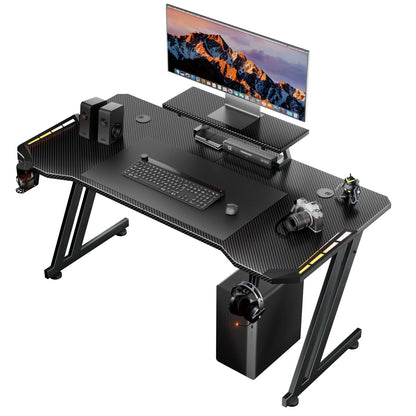 FRODROVIA Gaming Desk with APP RGB LED Lights, Carbon Fiber Surface Gaming Computer Desk with Removable Monitor Riser, Cup Holder & Headphone Hook, Screw‑Type Adjustable Leveling Feet for Gaming Room Home Office