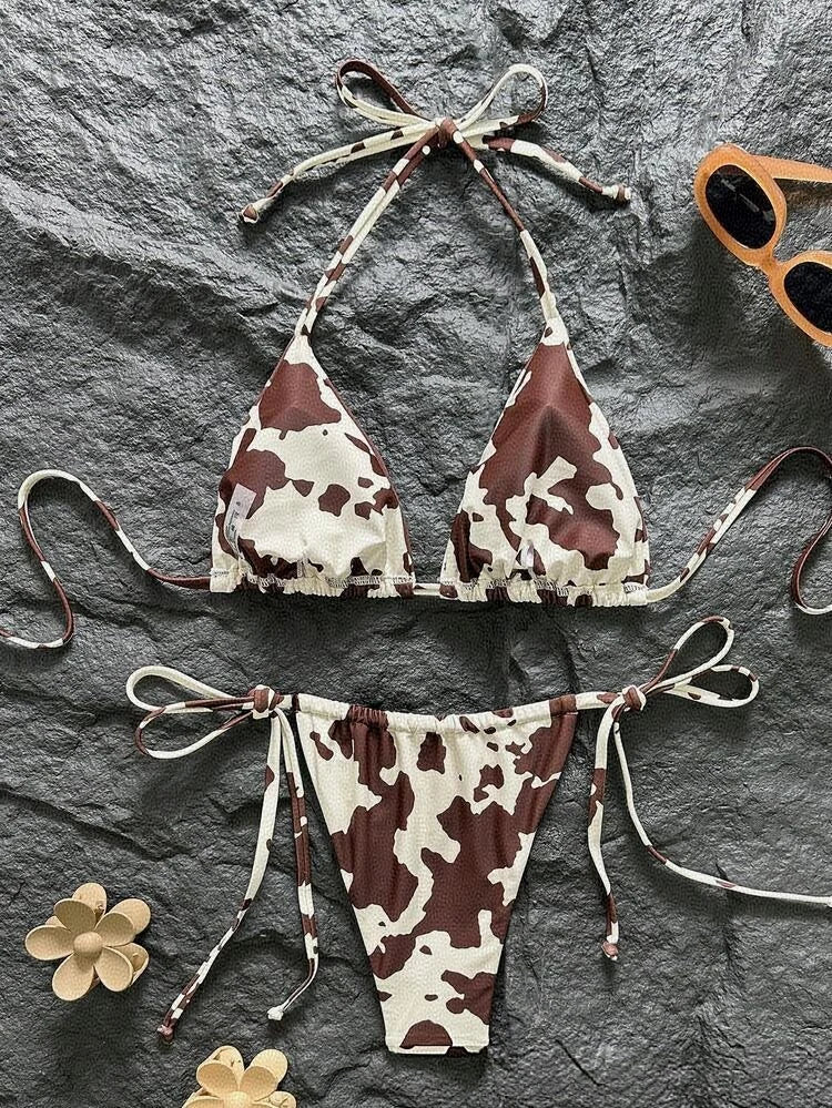 Women Bikini Set 2026 Summer Brown White Cow Print Halter Triangle Tie Side String Sexy Swimwear Female Beach Vacation Bathing S