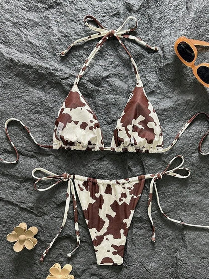 Women Bikini Set 2026 Summer Brown White Cow Print Halter Triangle Tie Side String Sexy Swimwear Female Beach Vacation Bathing S