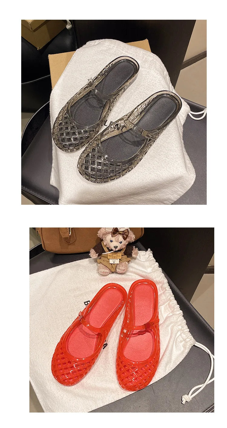 Women's Light Luxury Crystal Jelly Mary Jane Flat Sandals Hollow-out Breathable Closed Toe Summer Casual Non-slip Slip-on Shoes