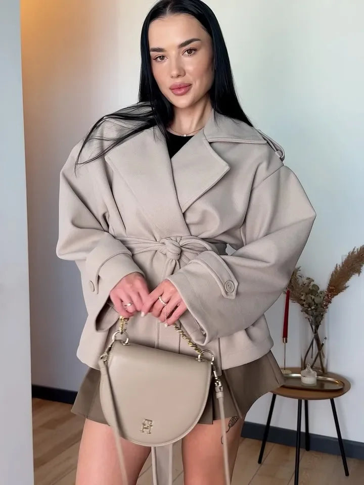 Women Short Wool Blend Trench Coat Lapel Collar Belted Waist Wrap Long Sleeve Loose Overcoat Casual Autumn Winter Lady Jackets
