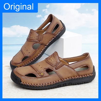 Mens Walking Shoes Summer Breathable Leather Hand Sewn Minimalist Baotou Flat Shoes Soft Elastic Daily Casual Male Sandalia