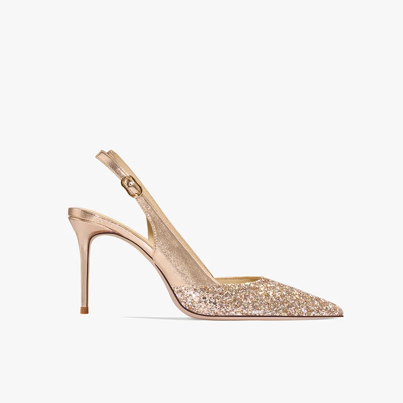 2025 New Summer Luxury Heeled Sandals Gold Sequins Back Strap Pointed Toe Stiletto Pumps Elegant Comfortable Prom Women's Shoes