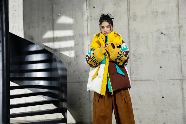 Streetwear Letter Stitching Fashion Down Jacket Women's New Hooded Parka Loose Winter Down Coat Female Thick Casual Warm Clothes