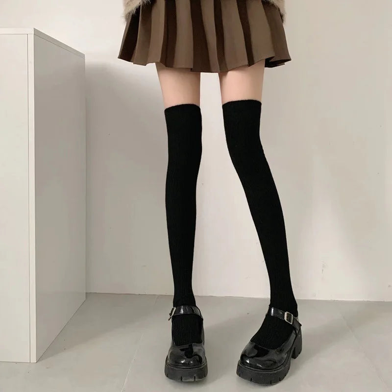 Autumn Winter Women's Stockings Girls Black White JK Lolita Long Tight Socks Vertical Stripes Cotton Over Knee Thigh High Socks