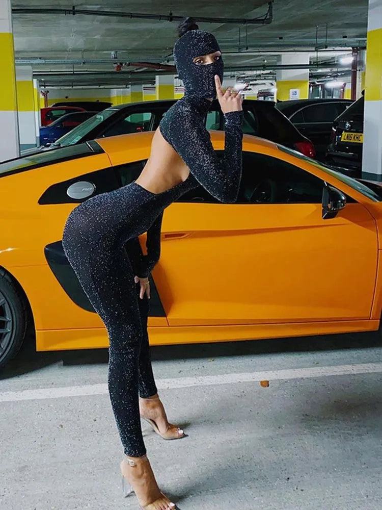 Women's Black Long Sleeve Backless Bodycon Jumpsuit Streetwear Romper Playsuit Solid Color Autumn Winter Fashion 2025