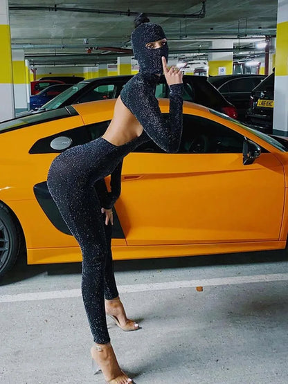 Women's Black Long Sleeve Backless Bodycon Jumpsuit Streetwear Romper Playsuit Solid Color Autumn Winter Fashion 2025