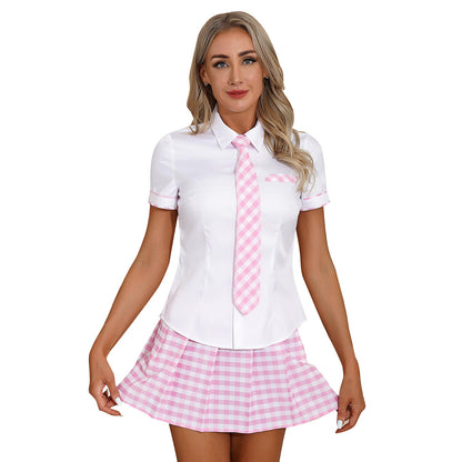 3Pcs Womens Schoolgirl Cosplay Costume Kawaii JK Japanese School Student Uniform Short Sleeve Shirt with Plaid Skirt And Tie Set