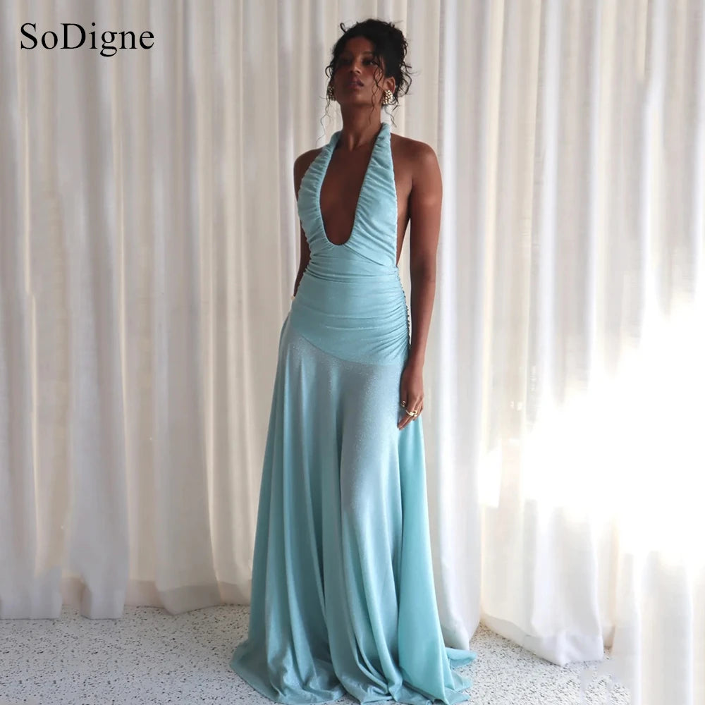 SoDigne Sexy Evening Dresses Pleated Low Cut-out Halter Backless Party Dress Sleeveless A-Line Prom Gowns Summer 2026 Customized