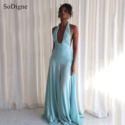 SoDigne Sexy Evening Dresses Pleated Low Cut-out Halter Backless Party Dress Sleeveless A-Line Prom Gowns Summer 2026 Customized