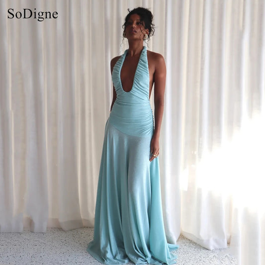 SoDigne Sexy Evening Dresses Pleated Low Cut-out Halter Backless Party Dress Sleeveless A-Line Prom Gowns Summer 2026 Customized