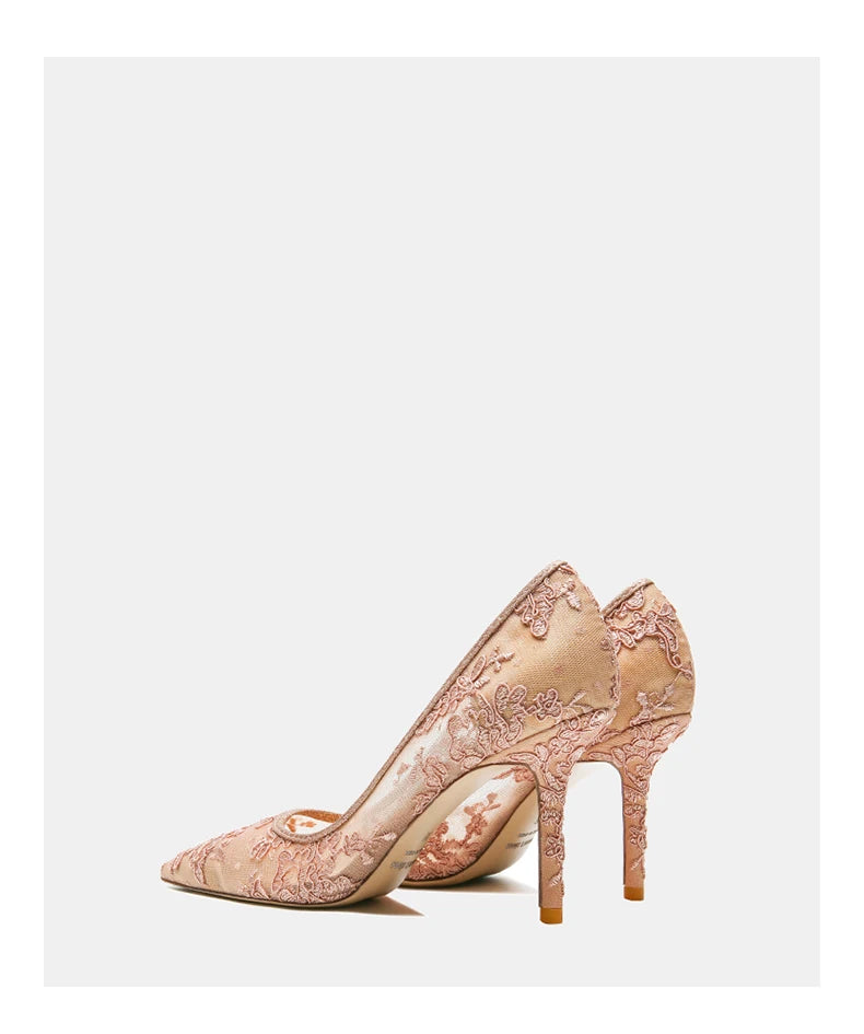 Women heels 2025 pink mesh lace Women's elegant high heels Luxury Brand Shallow Pointed Toe Sexy Pumps Ladies Prom Shoes Women