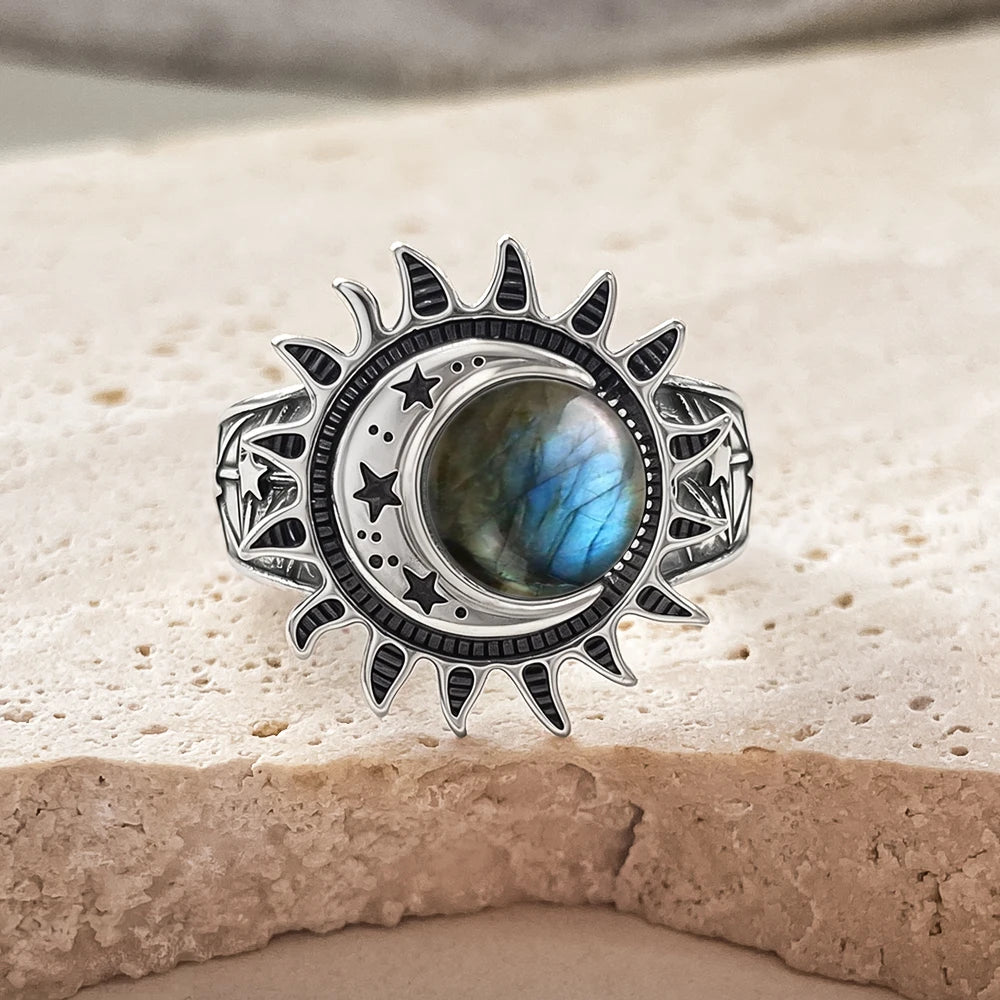 925 Sterling Silver Natural Moonstone Ring 8MM Bohemian Star Sun Moon Shape Ring Gothic Punk Style Party Gift for Women Men