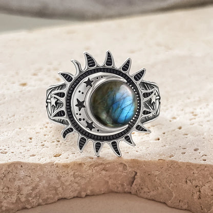 925 Sterling Silver Natural Moonstone Ring 8MM Bohemian Star Sun Moon Shape Ring Gothic Punk Style Party Gift for Women Men