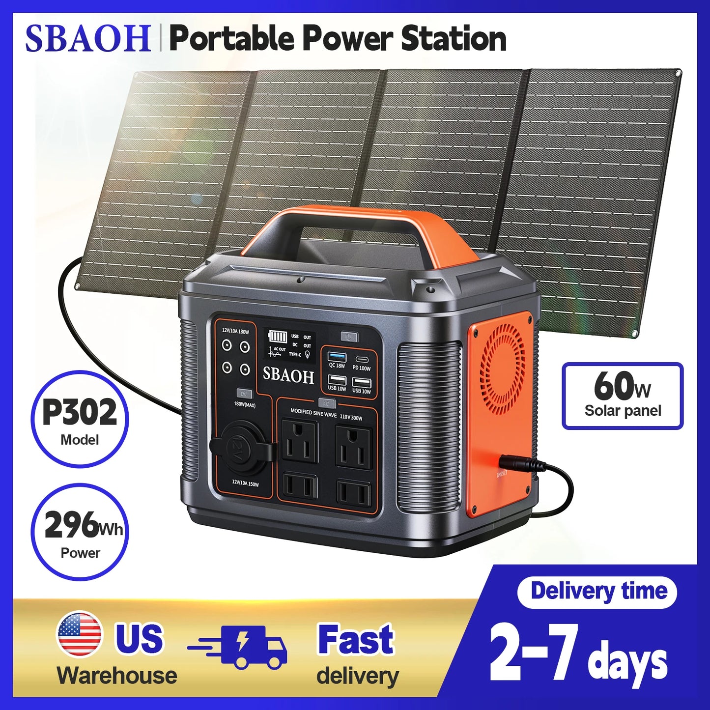 300W Portable Power Station, 296Wh 80000mAh Camping Solar Generator, Emergency Lithium Battery Outages,Black(with Solar Panel)