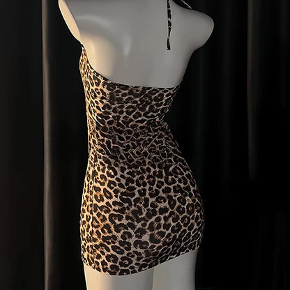 2025 Sexy Mini Leopard Print Dress Halter Backless One-piece Boysuit Hollow Lingerie Dress for Party Night Club