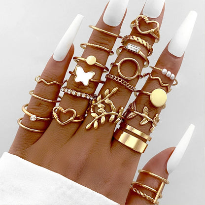 Boho Gold Color Rings Set For Women Fashion Cubic Zircon Heart Star Moon Flower Finger Rings Female Simple Trendy Jewelry Gifts