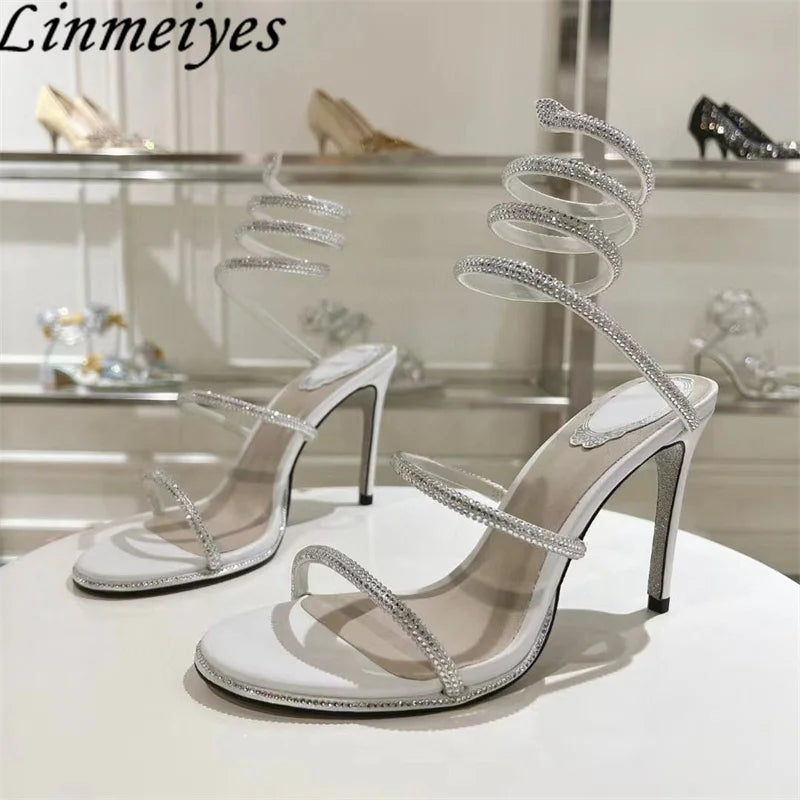 Summer Crystal Gladiator Sandals Women Rhinestone Twine Around Ankle Snake Wedding Shoes High Heels Sandals Woman