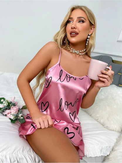 Ladies Sexy Sling Nightgown Nightdress Women's Sexy Lingerie Silk Satin Sleepwear Floral Pinting Nightwear Homewear Mini Dress