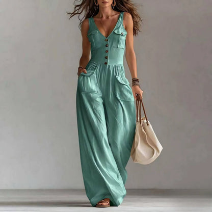 Sleeveless Women's Jumpsuit Featuring V-Neck, Button Decor, Wide-Leg Design and Pockets, Perfect for Casual Summer Beach Outings