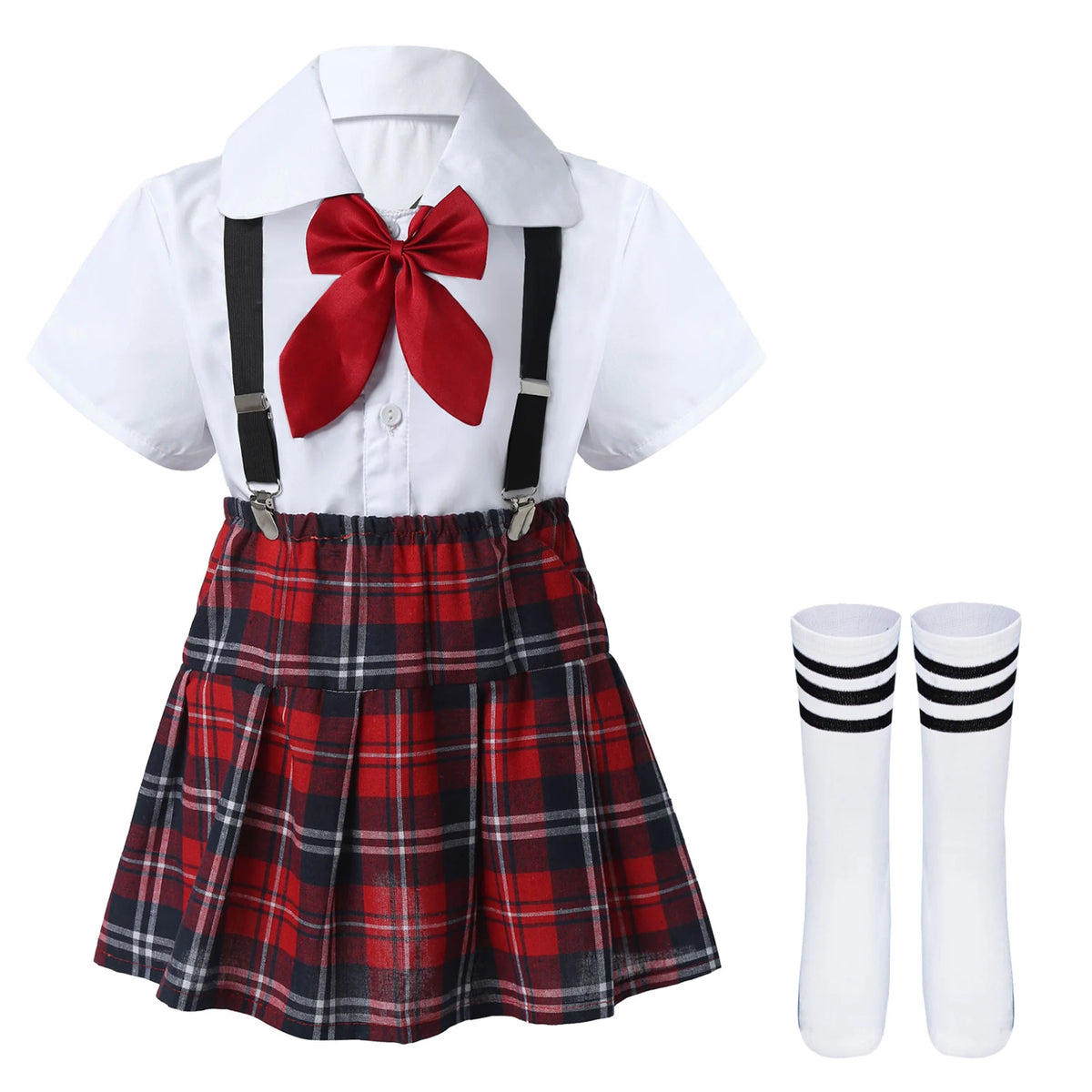 Children Girls Choir Outfits School Uniform Bow Tie Shirt with Suspender Skirt and Socks Schoolgirls Stage Performance Costume