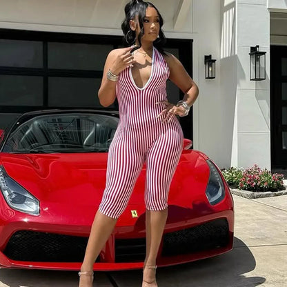 Weird Puss Stripe Print Playsuit Women Sleeveless Backless Halter Bandage Skinny Sexy Clubwear Activity Fitness Workout Romper