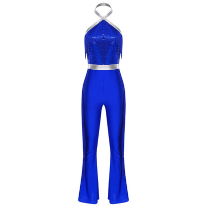 70s 80s Disco Costume Women's Streetwear Jumpsuit Shiny Clubwear Flared Long Pants Rompers Flares Metallic Hippie Party Outfit