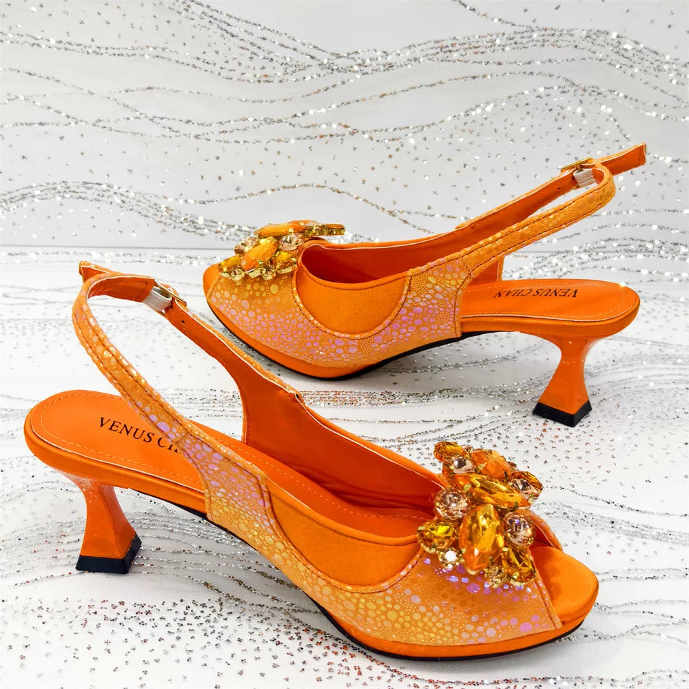 Elegant Orange Color 2025 Rhinestone High-Heels Shoes & Handbag Set – Luxury Wedding & Party Accessories
