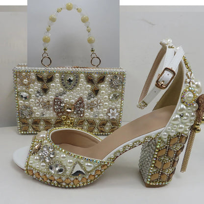 Luxury cyrstal wedding shoes with matching bags woman fashion Thick heel Women party dress shoes Fish beak Women shoes