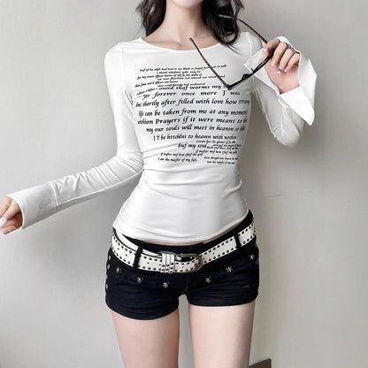 New y2k sleeve slit letter print diagonal hem personalized top, spicy girl street slimming versatile, slimming and casual long s