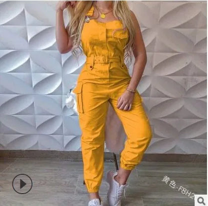 Fashion Pocket Jumpsuit Women Loose Dungarees Long Rompers Summer Solid Pockets Cargo Pants Female Casual Work Out Playsuits