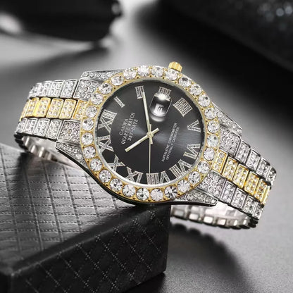 Luxury Gold Sparkling Rhinestone Iced Out Watch Unisex Quartz Calendar Wristwatch Men Women Party Jewelry Clock