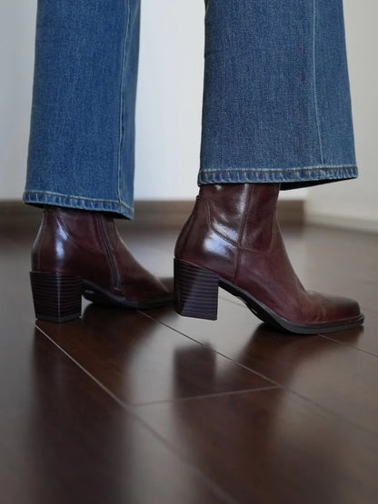Elegant Office Ladies Chunky Heels Genuine Leather Short Boots Square Toe New Designer Shoes Women Vintage Cowhide Ankle Boots