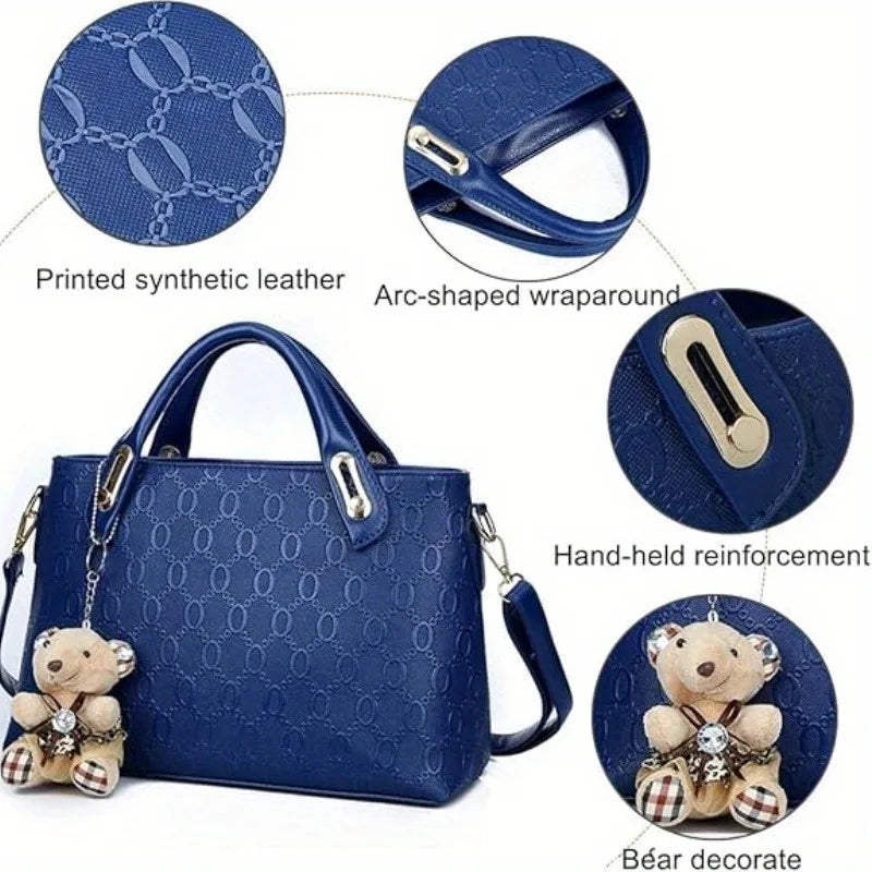 4 Pcs Women Handbag Set Embossed Pattern PU Leather Tote Bags Fashion Chain Shoulder Crossbody Bag Ladies Wallet Card Holder Purse With Bear Pendant Daily Shopping Handbags
