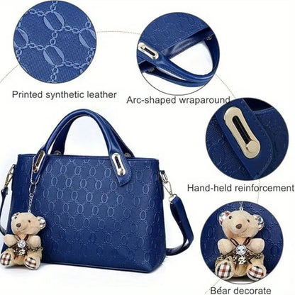 4 Pcs Women Handbag Set Embossed Pattern PU Leather Tote Bags Fashion Chain Shoulder Crossbody Bag Ladies Wallet Card Holder Purse With Bear Pendant Daily Shopping Handbags