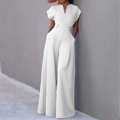 Elegant Women's Jumpsuits Fashion Solid Color V-neck High Waist Wide Leg Sleeveless Jumpsuit Temperament New Female Clothing