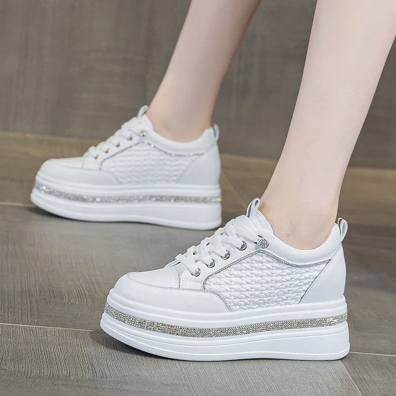 Women's height-increasing shoes for petite individuals, elegant and versatile, woven with rhinestones, casual shoes
