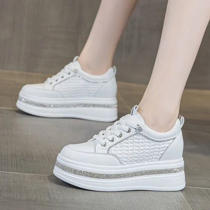Women's height-increasing shoes for petite individuals, elegant and versatile, woven with rhinestones, casual shoes
