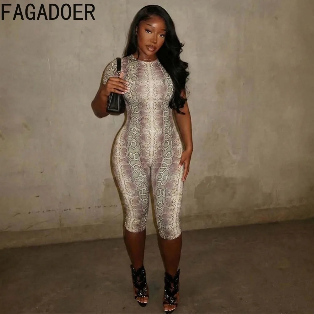 FAGADOER Sexy Snake Print Bodycon Romper Hot Girl O Neck Button Backless Hollow Out  Skinny Jumpsuits Streetwear Club Playsuits