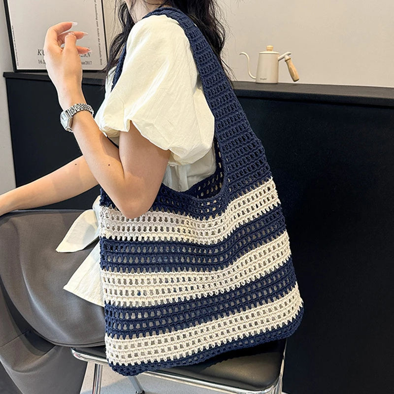 Wool Plush Woven Women Shoulder Bags Ladies Stripe Designer Knitted Braid Handbags Tote Summer Beach Shopper Purses