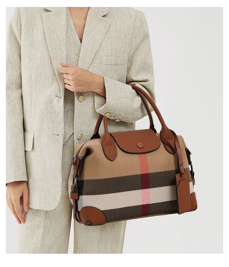 Aidran Exquisite women's bag, Boston bag with canvas and leather stitchingRetro plaid handbag for daily commute novelty of 2024