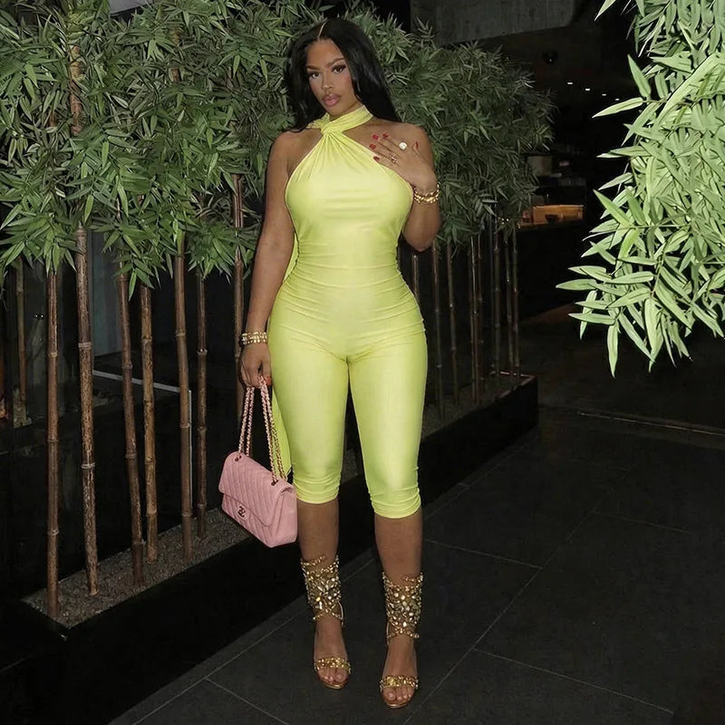 FAGADOER Sexy Halter Bandage Backless Jumpsuits Women Hip Ruched Skinny Rompers Overalls Party Slim Party Nightclub Playsuits