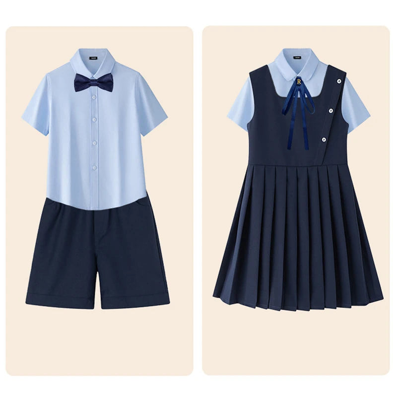 Girl Summer Evening Dresses Kindergarten School Uniform Boys Shirt Shorts Bowtie Wedding Suit Children Performance Costume