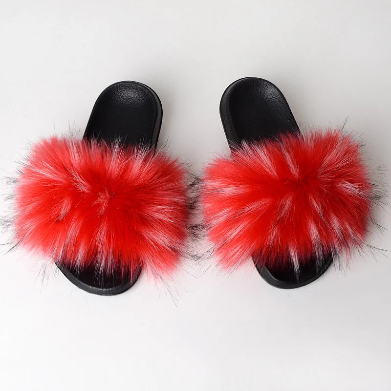 Women's Summer Faux Fur Fox Fur Slippers Fashion Luxury Indoor and Outdoor Non-Slip Solid Color Flat Bottom Furry Sandals