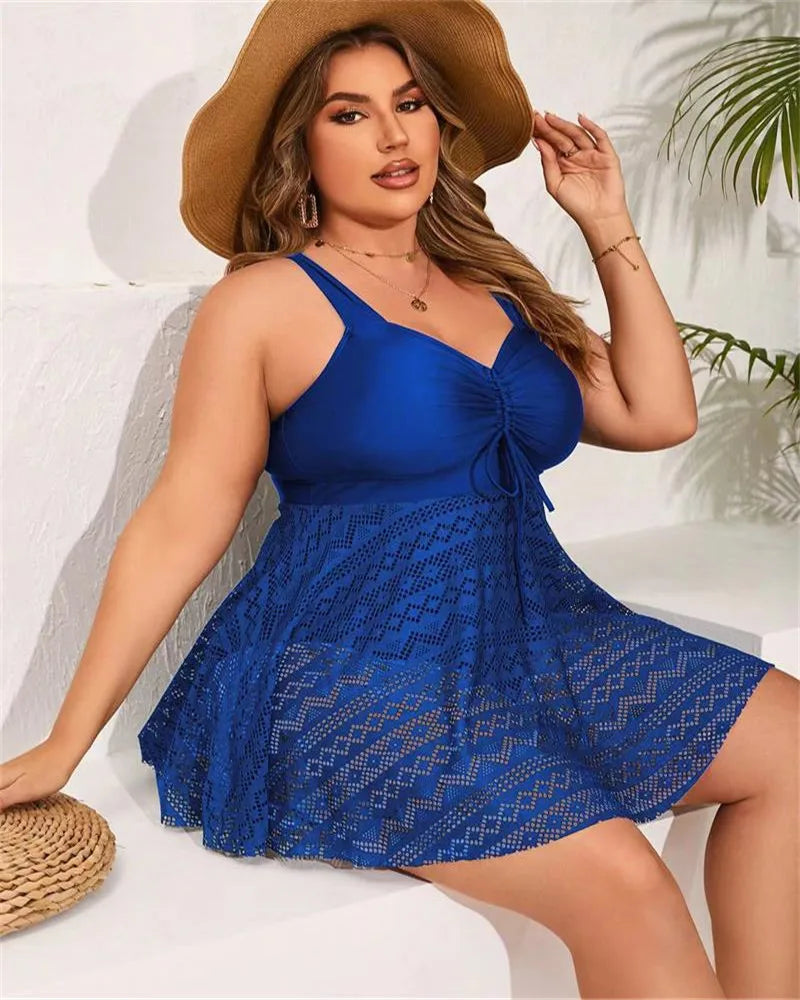 2026 Lace Patchwork Plus Size Swimwear Women Solid Strapped Large One Piece Swimsuit Brazilian Lady Chubby Curvy Bathing Suit