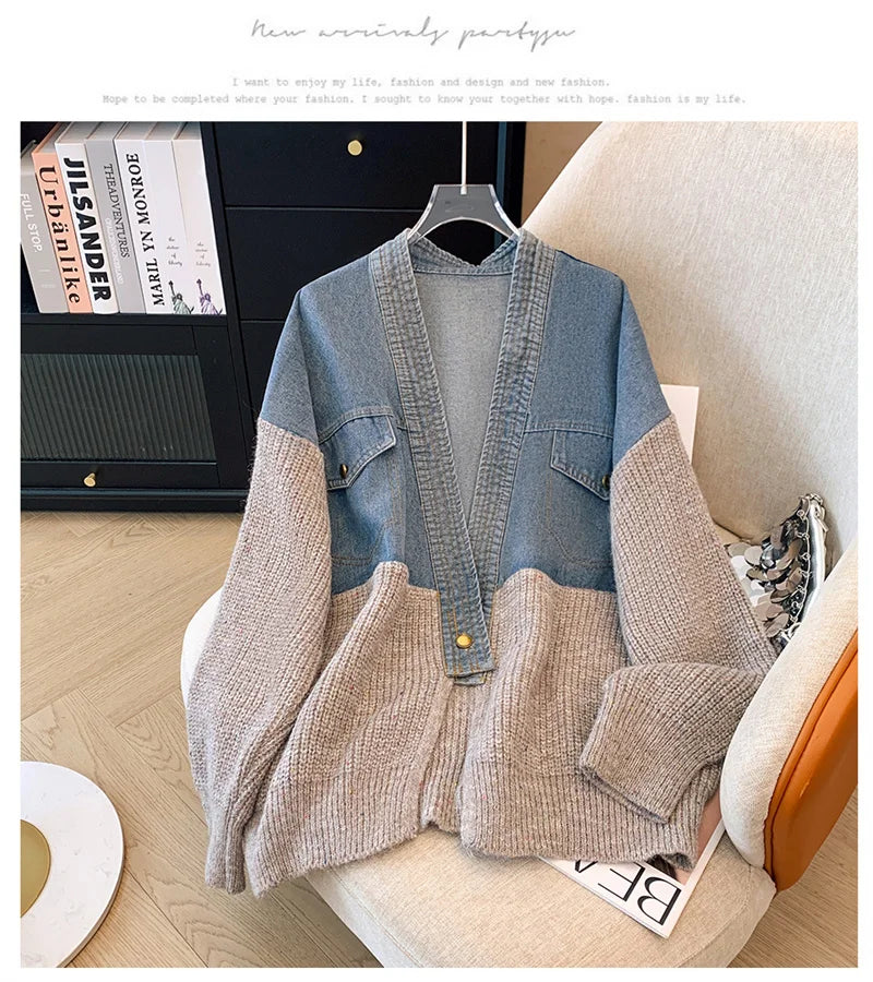 Fat mm200 Pounds Vintage Denim Patchwork Sweater Coat ins Fashion Woman 2024 Autumn and Winter Thickened Loose Niche Cardigan